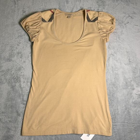 Burberry Brit Puff Sleeve T Shirt Womens Small Scoop Neck Soft Designer Elevated - Picture 2 of 7